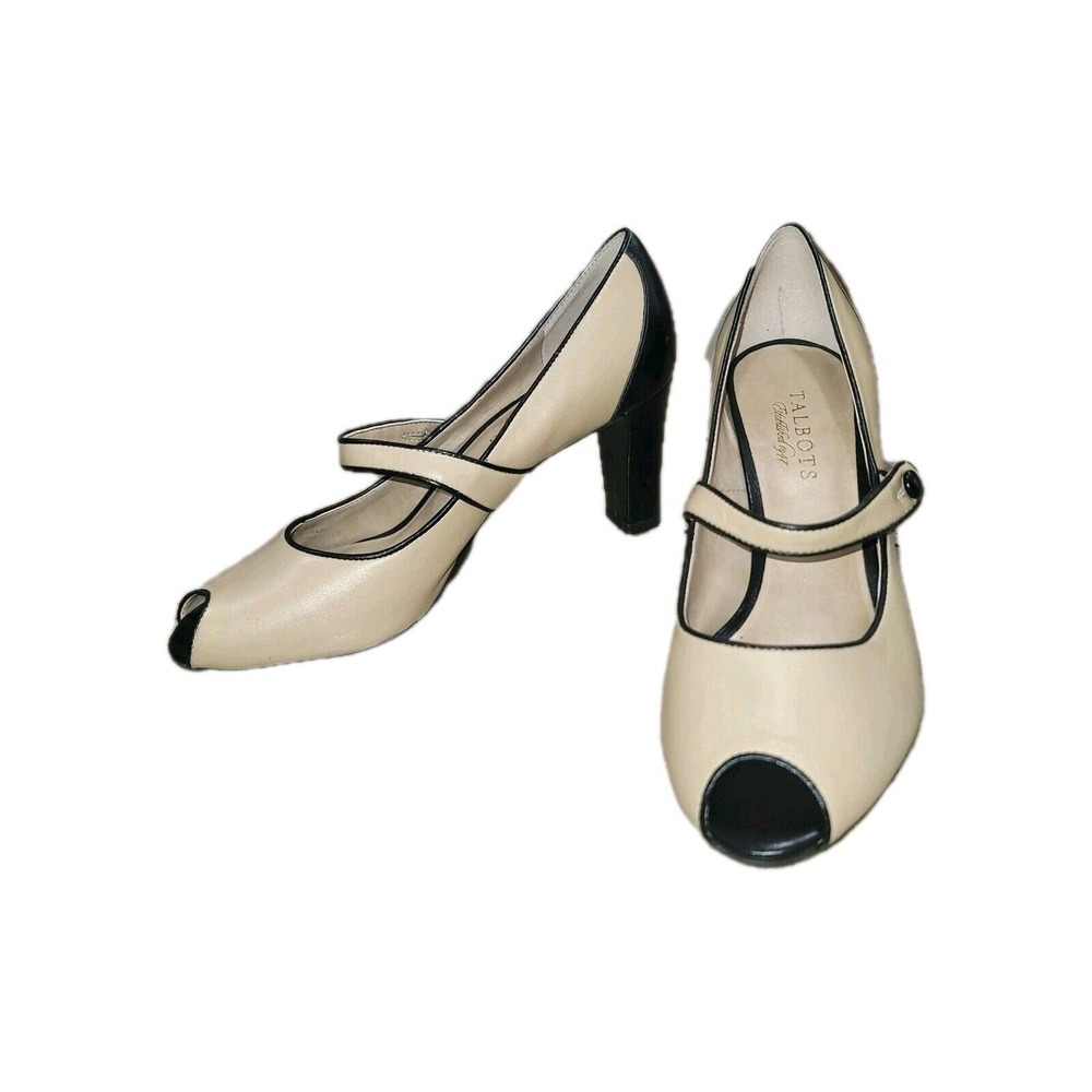 Talbots Womens Tan/Black Peep Toe Mary Jane Pumps Heels Size 7.5 B Career Office - Picture 2 of 9